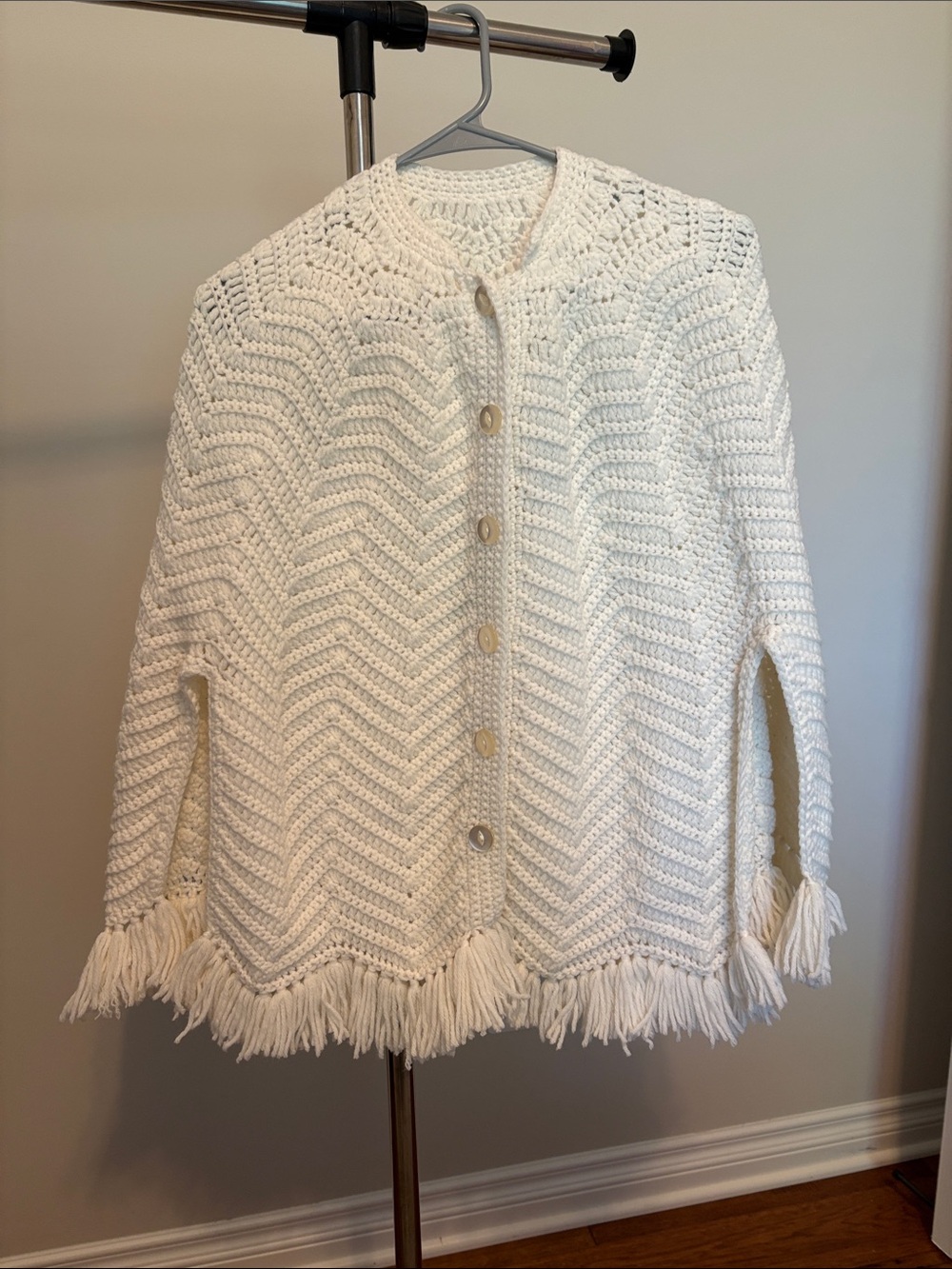 Women's off white vintage Crochet Fringe Button-Front cape/shawl